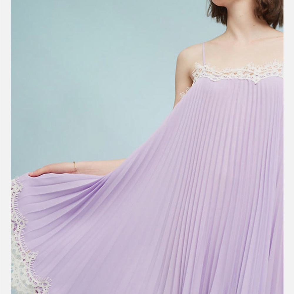 Moulinette Soeurs Lavender Pleated Midi Dress with Lace Trim